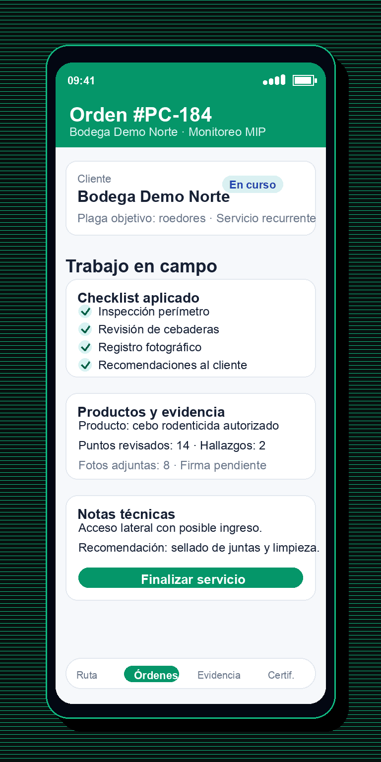 Pantalla de detalle de servicio y checklist técnico